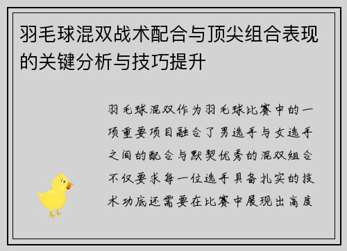 羽毛球混双战术配合与顶尖组合表现的关键分析与技巧提升